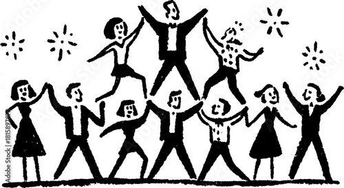 Silhouette of a group of people in a hand-drawn style. This black outline drawing depicts celebration and joy in a cheerful vector illustration.