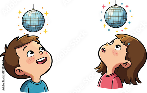 Children, disco ball, amazed faces, party lights, sparkle, cartoon kids, wonder, celebration, joyful moment, dance floor, festive, indoor scene
