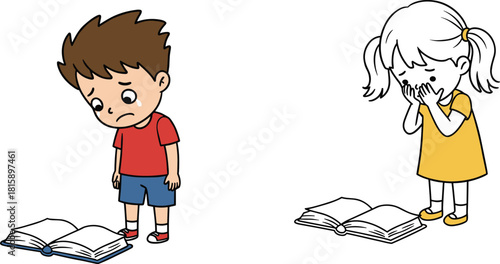 Children, emotions, open books, learning reaction, sad face, surprise moment, storytelling