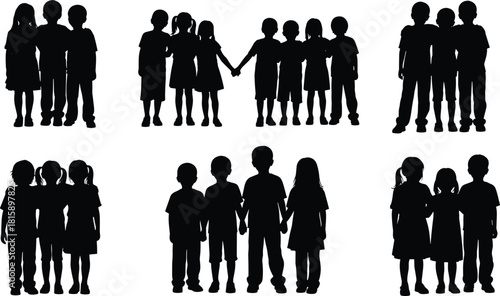 Children, silhouette, group, holding hands, friendship, unity, bonding, social, interaction, emotional, black, white, togetherness, play, kids, community, educational, childhood, teamwork, connection