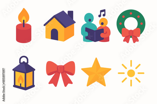 Posadas Icon Set. Posadas Home Gathering flat icon set: candle flame, house, singing figures, wreath, lantern, ribbon, star, glow