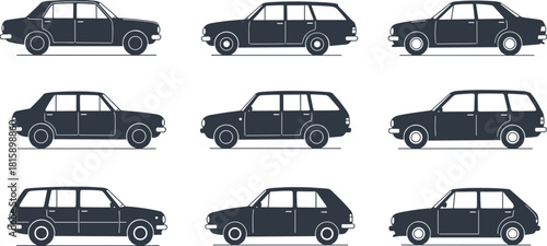Classic car silhouettes, vintage automobile side view, retro vehicle design, old style sedan, antique cars illustration, transportation collection, automotive graphics