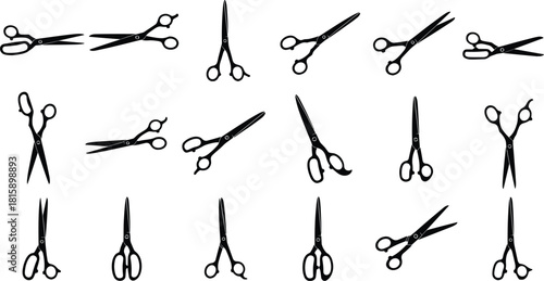 Collection of black silhouette scissors icons isolated on white background, barber scissors, sewing scissors, cutting tool, hairdressing equipment, vector