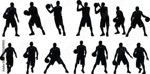 Collection of black silhouettes of basketball players playing, dribbling and shooting the ball, isolated on a white background, vector.