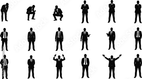 Collection of businessman silhouettes, male executive in suit, various poses, standing and celebrating, vector set isolated on white background