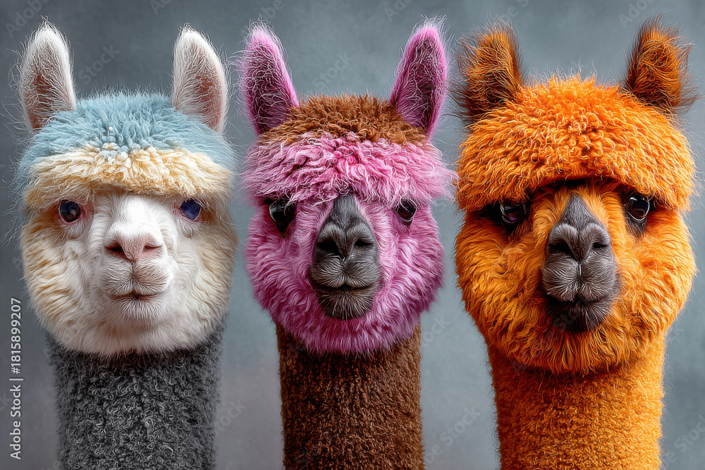 Obraz premium Drei farbige Alpakas mit flauschigem Fell vor grauem Studiohintergrund