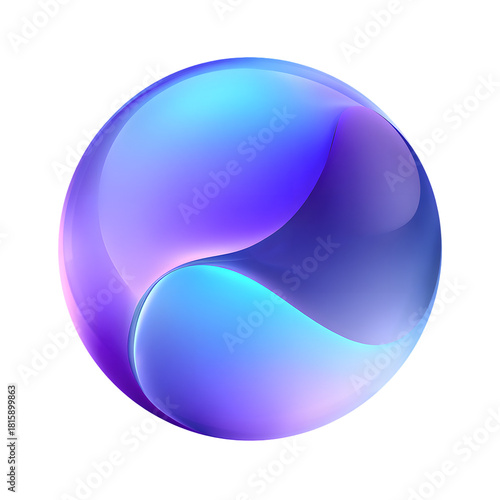 Abstract 3D glossy sphere with purple and blue gradient swirls. Modern futuristic glass ball logo element. Liquid fluid orb isolated on white background.