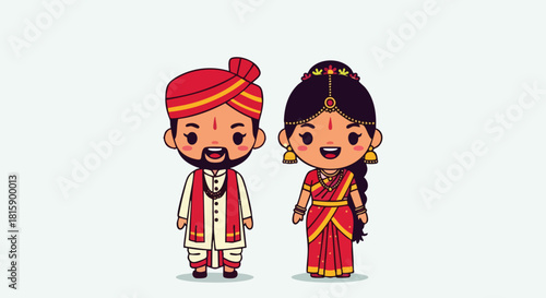 Flat vector illustration of a cute Indian couple side by side in traditional Indian attire, a cartoon character of a bride and groom. Perfect for wedding invitations.