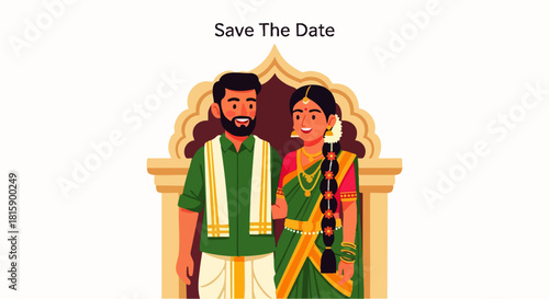 Flat vector illustration of modern Indian wedding invitation with traditional bridal couple.