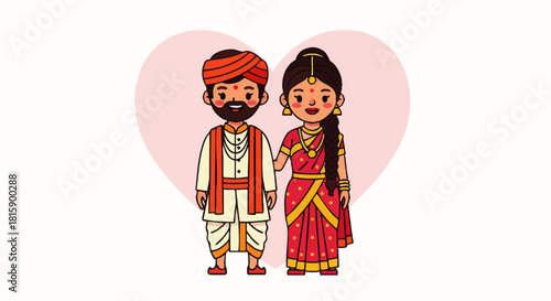 Flat vector illustration of a cute Indian couple side by side in traditional Indian attire, a cartoon character of a bride and groom. Perfect for wedding invitations.