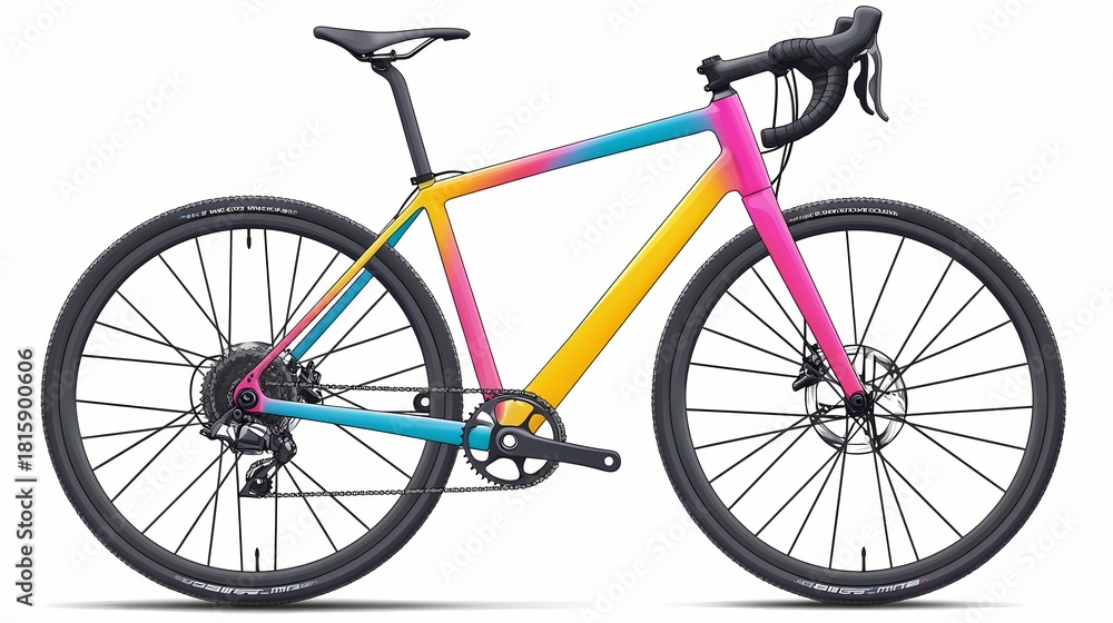 Fototapeta premium Modern gravel bicycle features a vibrant, colorful frame with high-contrast components isolated on white