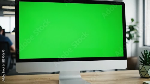 Green screen, computer and mockup desktop in office for user interface, website and web design company. Technology, digital marketing and blank pc screen for advertising ux, software and dashboard