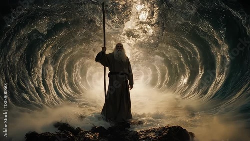 Wallpaper Mural Moses Parting the Red Sea: Dramatic Biblical Scene with Powerful Waves and Divine Intervention Torontodigital.ca