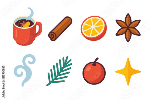Winter Drink Icons. Winter Drink flat icon set: mug of mulled wine, cinnamon stick, orange slice, star anise, steam swirl, pine branch, berry, sparkle