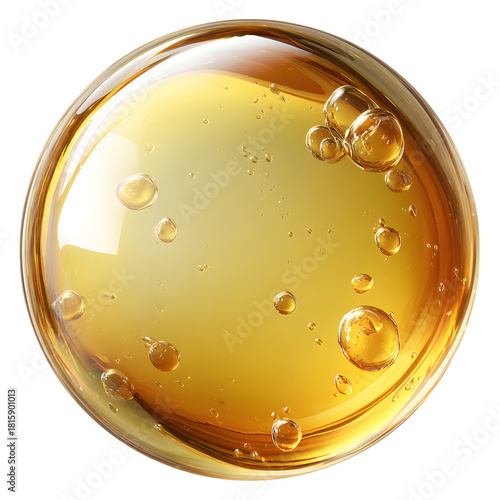 Golden liquid oil drop with air bubbles isolated on black background. Realistic cosmetic serum sphere, honey, or vitamin E capsule. 3D macro closeup.