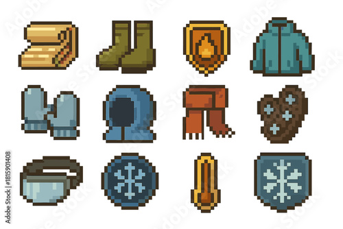Frost Defense Icons. Frost Defense Kit pixel style icon set: thermal wrap, cold-resistant boots, heat retention badge, windbreak coat, frost-proof mittens, insulated hood, warming