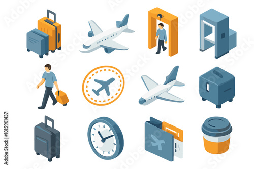 Isometric Travel Icons. Flight Mode flat icon set : suitcase stack, airplane icon, boarding gate, security scanner, traveler walking, passport stamp, plane wing, hand luggage