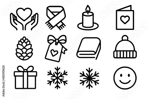 Cozy Gift Icons. Warm Giving linear icon set : open hands, heart gift, wool scarf, glowing candle, folded card, pinecone, ribbon tag, soft blanket, cozy hat, wrapped box, snowflake