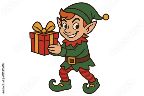 Mischievous Elf Gift. Christmas elf holding a gift, with a mischievous grin. The elf is dressed in traditional green and red attire, complete with a pointy hat. The. Vector illustration