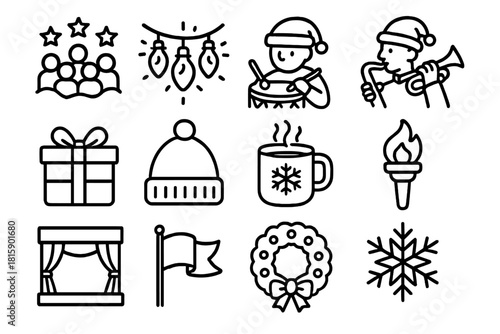 Winter Parade Icons. Winter celebration linear icon set: parade crowd, glowing lights, drumline, trumpet, gift box, hat, warm drink, torch, stage, flag, wreath, snowflake