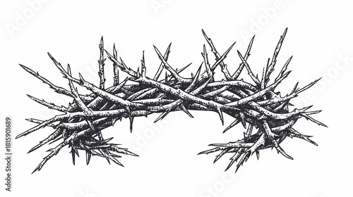Intertwined thorny branches form a sharp, painful circlet depicted in a detailed monochrome illustration.