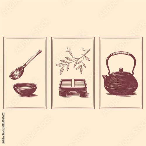 Three framed illustrations of Japanese tea ceremony elements including a spoon and bowl a branch and a teapot