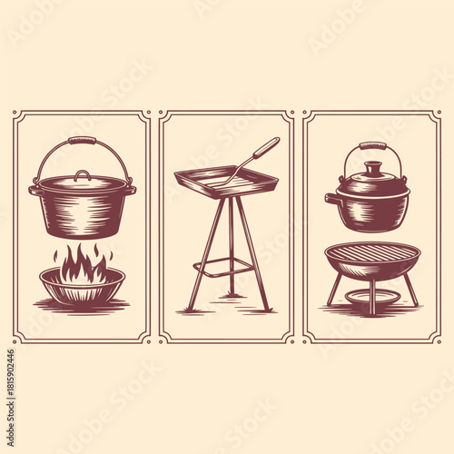Vintage cooking pots and grill with flames and spatula illustration cauldron barbecue
