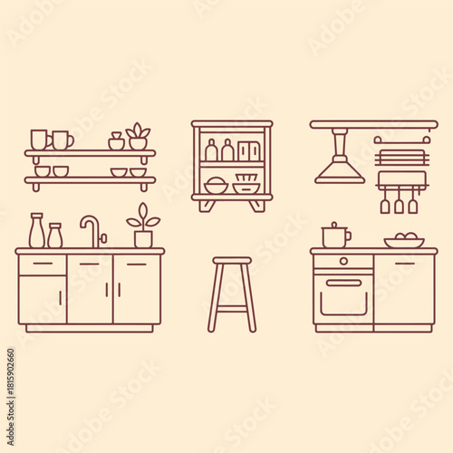 Collection of simple line art kitchen elements including cabinets sink stove shelves and stool interior