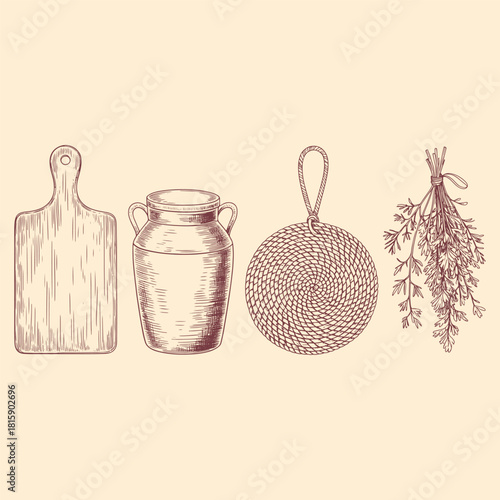 Vintage kitchen utensils and herbs illustration on beige background cutting board milk can