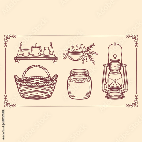 Hand drawn illustration of a woven basket a glass jar a hanging shelf with cups and a pitcher a potted plant and a kerosene lantern
