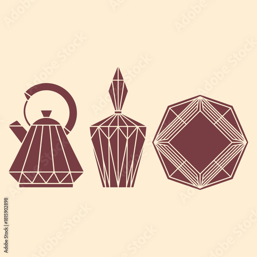 Geometric patterned maroon teapot perfume bottle and faceted shape on cream background kettle