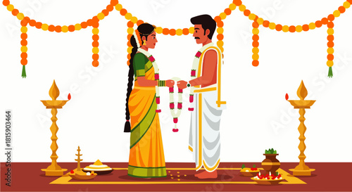 Flat vector illustration of a vibrant South Indian wedding ceremony, traditional flower garlands and auspicious decorations, depicting love, happiness, culture, traditional