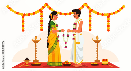 Flat vector illustration of a vibrant South Indian wedding ceremony, traditional flower garlands and auspicious decorations, depicting love, happiness, culture, traditional