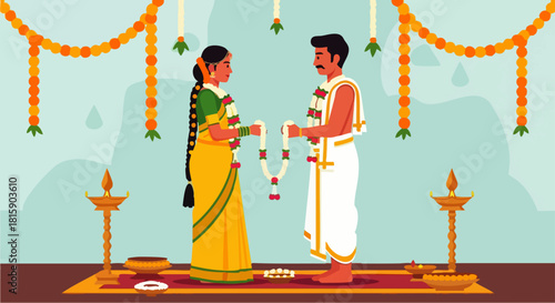 Flat vector illustration of a vibrant South Indian wedding ceremony, traditional flower garlands and auspicious decorations, depicting love, happiness, culture, traditional