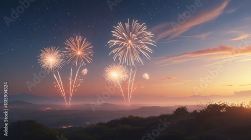 Vibrant fireworks explode over a tranquil landscape at twilight with stars