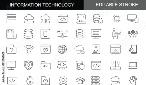 Information Technology, Cloud Computing, and Data Security Minimalist Line Icons Set with Editable Stroke: Featuring Server, Database, Networking, and Programming Symbols