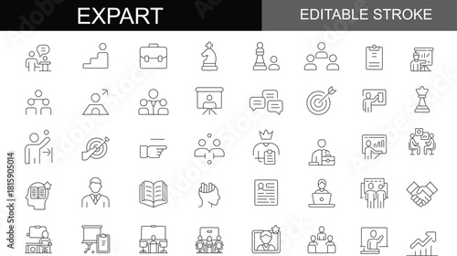 Expertise, Professional Development, and Business Success Minimalist Line Icons Set with Editable Stroke: Featuring Skills, Achievement, Mentorship, and Leadership Symbols