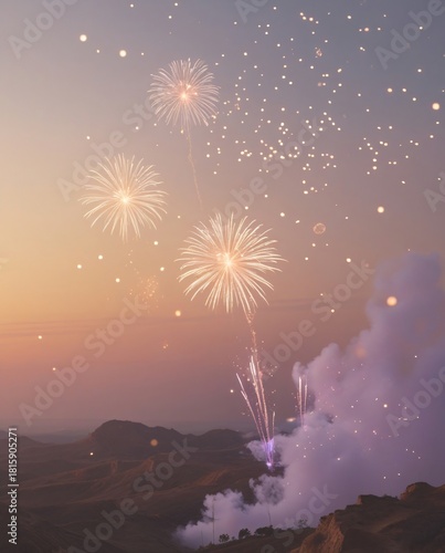 Spectacular twilight fireworks display over majestic mountain landscape
