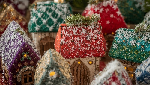 Colorful Handmade Christmas Houses Decorated With Snowflakes and Lights Durin...