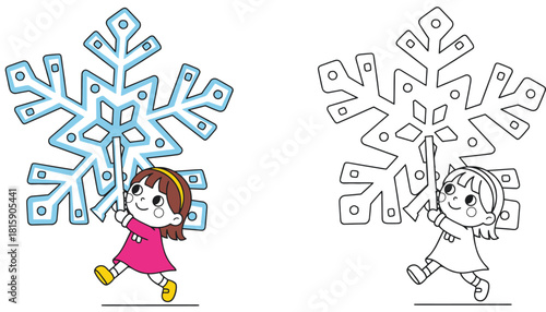 Cute little girl holding a giant snowflake coloring book page vector illustration colored and outline version for kids winter activity and Christmas design.