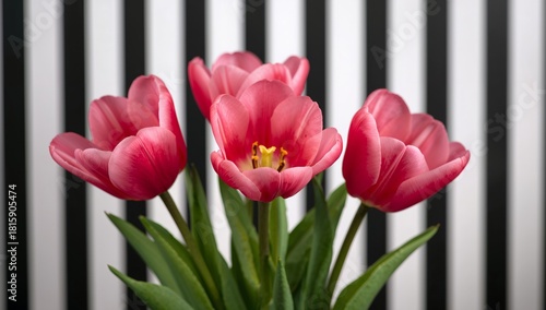 Bright Pink Tulips in a Vase Against a Striped Background Create a Cheerful A...