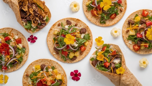 Colorful Garden Salad Bowls Arranged on a Rustic Table With Fresh Flowers and...