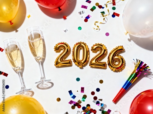 New Year's Eve Celebration Flat Lay: Gold 2026 Balloons, Champagne Flutes, and Confetti on White Background - Festive Party Scene)
