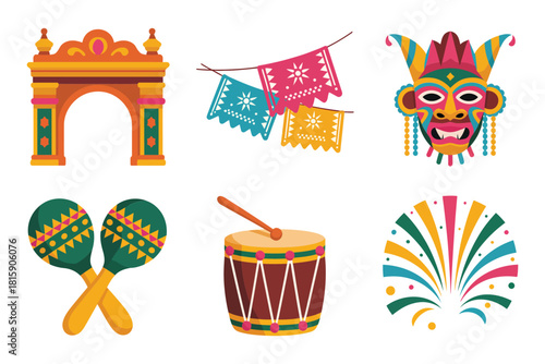 Folk festival icon pack, gateway arch, cut paper banners, colorful mask, wooden maracas, decorated drum, firework burst, vector