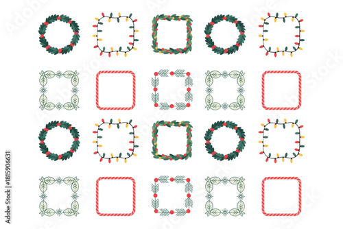 Holiday frames and wreaths pattern, round pine garlands, candy cane borders, snowflake corners, square decorative tiles, vector