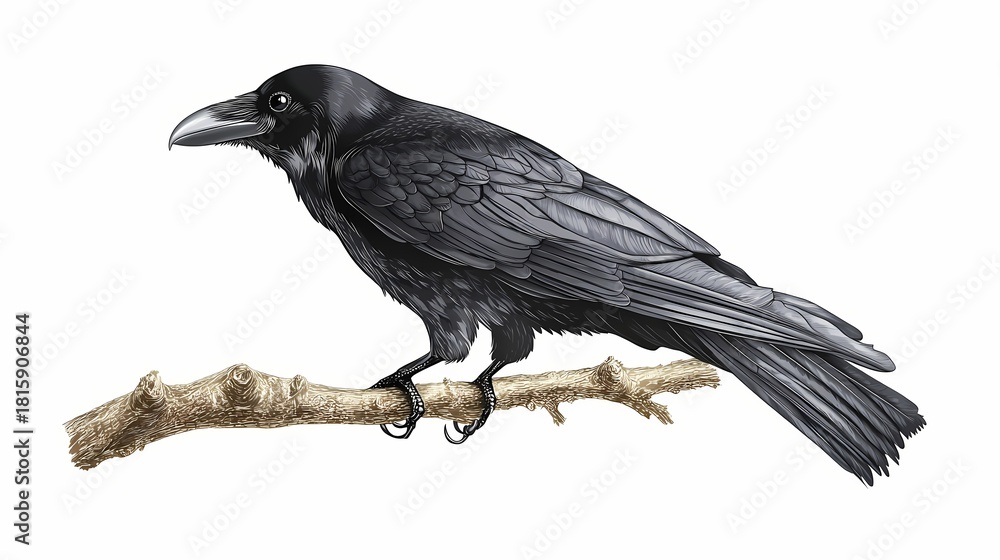 Naklejka premium Detailed illustration of a black bird perched upon a weathered wooden branch against a white background