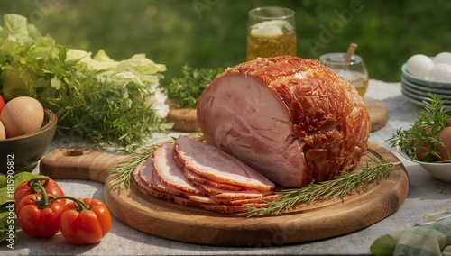 Sliced Ham on Wooden Board With Fresh Herbs and Ripe Tomatoes in a Garden Set...