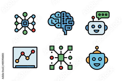 Machine learning icons, neural nodes grid, smart brain circuits, robot head, performance chart, network connections, friendly bot vector