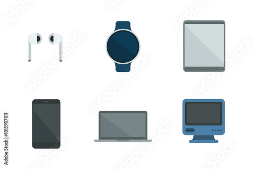 Consumer tech devices set, true wireless earbuds, smartwatch, smartphone, tablet, desktop monitor, modern electronics, clean vector illustration