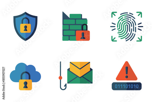 Network security symbol pack, shield emblem, firewall wall, biometric fingerprint, safe cloud, phishing hook, alert envelope, malware lock